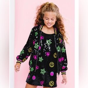 Lola and the Boys. Peace and Love Black Sequin Bomber Jacket. Size 8.